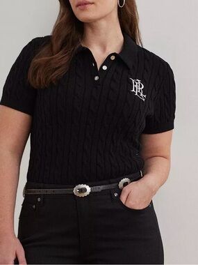 Ralph Lauren Black Short-Sleeve Cable Polo with Monogram